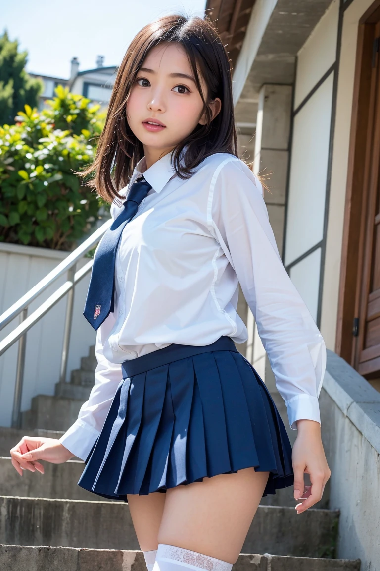 NSFW,(impatience shame:1.3),School girl White uniform,blue checkered Pleated skirt,show teeth,masterpiece, Highest quality, High resolution, remu Suzumori,short hair,Earrings,necklace, jewelry,fullbody,Detailed face,(slum,in the afternoon garbage dump:1.3) ,(Looking away),skneakers,(skirt tug:1.3),legs crossed,(lift up skirt and show Panties:1.3),standing