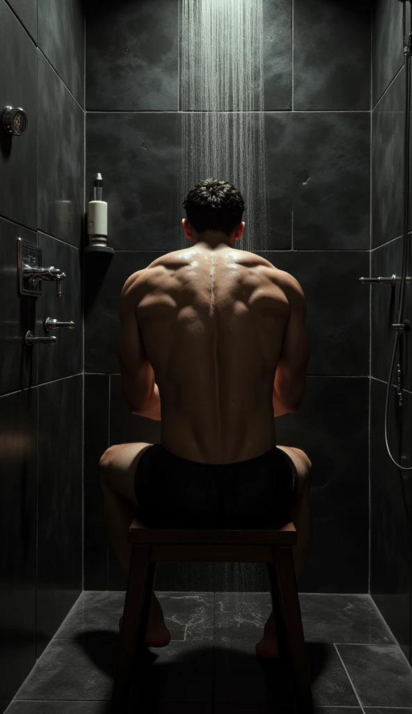 Man showering crouching