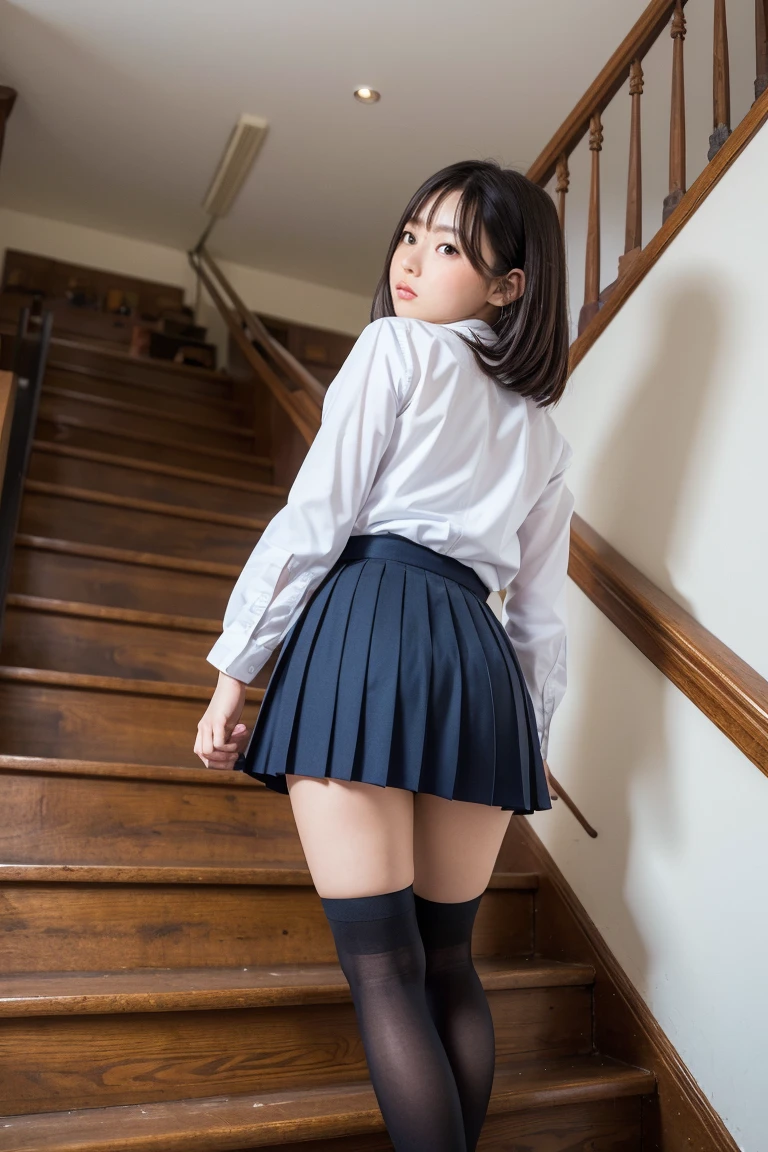 One Girl、short hair、8K, Hmph:1.2,, (超Realistic:1.35), (Realistic:1.4), 1 Beautiful Korean Woman,__performance__,(school uniform:1.4),alone、Turn around and show me your ass、Big Ass, Lie on your back and look back, Show more, Please put your hands on your buttocks、 female、Laughter、feetを広げて、Black panties、White socks、Laughter、bangs、、Black-haired、eye shadow、Ｏfeet、 (Ass View), Perfect Ass、Westshot、Bend over and stick your butt out.......、Thigh close-up, Lower body close-up、revealing her underwear、Woman illuminated from behind,、Inside a convenience store