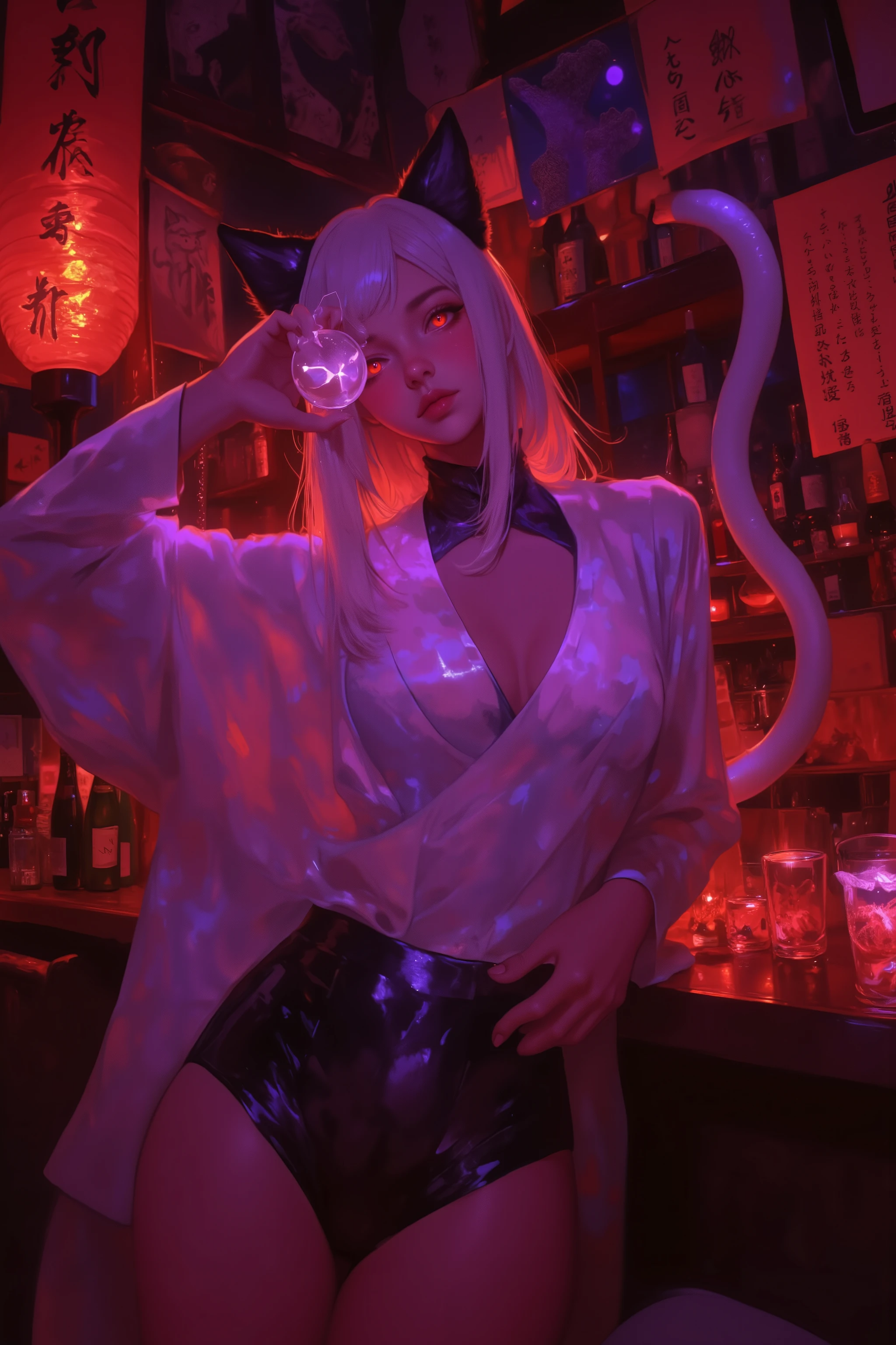 妖怪猫娘が働く猫耳バー,シーンは薄暗く、ほんのり赤や紫の照明が灯る和風バー,木のカウンターや障子、提灯、猫のモチーフがあちこちに,壁には妖怪の浮世絵や、猫の足跡がペイントされている,主役は猫耳バーの妖怪猫娘,和風のセクシーなバーテンダー衣装（着物アレンジ＋ミニスカート、猫のしっぽや耳）目が猫のように光る,爪が少し鋭い,しなやかなポーズでカクテルをシェイカーしている,首輪や鈴、猫の肉球型のアクセサリー,猫の手型のグラス,肉球型の氷,猫耳付きカクテルシェイカー, メニュー表に「妖怪スペシャルカクテル」「猫パンチサワー」などユーモラスに,カウンターの上に猫の置物,猫の形のおつまみ（煮干しチップス、魚型クラッカー）壁に「妖怪専用」「人間立入禁止」の札,