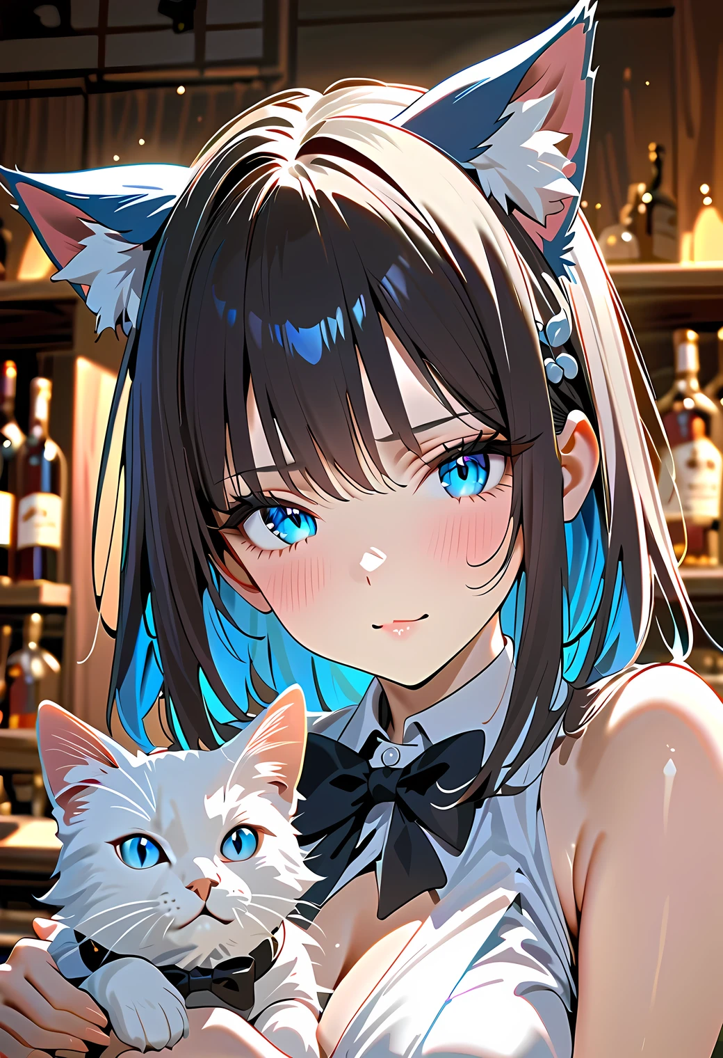　inner color blue　　Cat ears　Cat earsバー　Alcohol　bar counter　Cat ears店長　dark haired　black bow tie　beautiful body　Adult Woman　A cute animal, a white cat, stares at her from the camera　sleeveless shirt