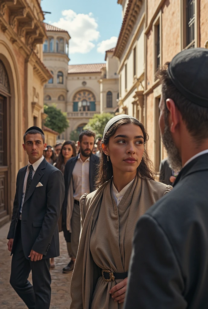 full body shot, two people one , beautiful young woman, Middle East, hijab, and a man in a suit and tie with a gavan on, They are in an ancient city, a 19th century city.