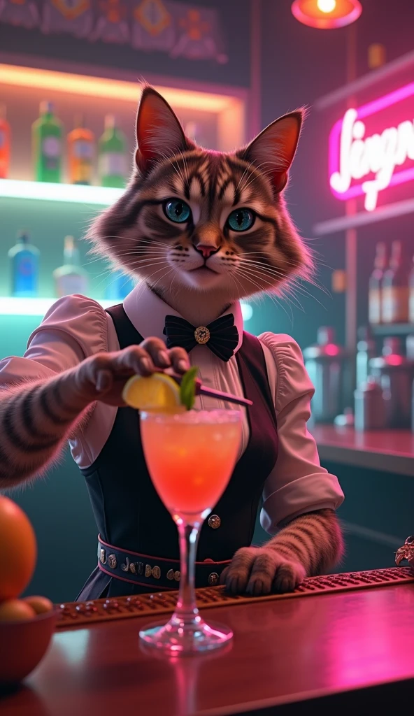 A bartender cat in a stylish vest and bow tie mixing a colorful cocktail behind the bar counter.