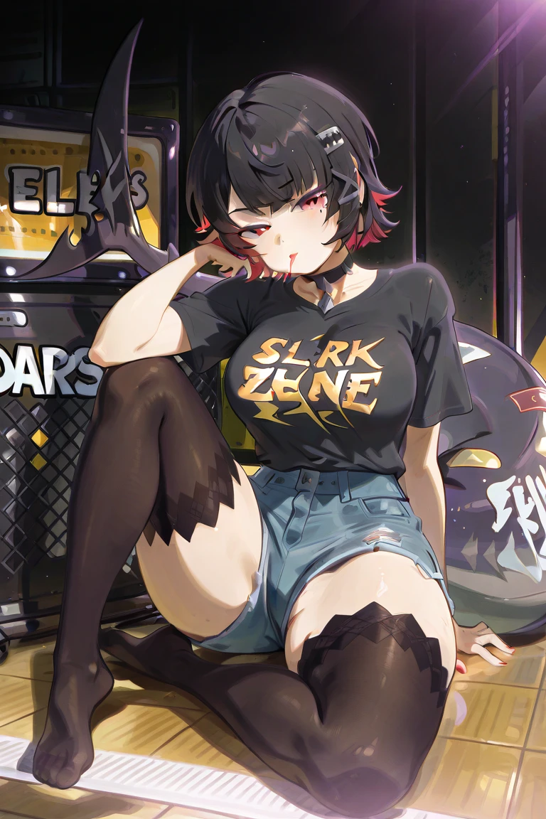 Masterpiece, best quality, Masterpiece, best quality, 1 woman , Onigata Kayako , conjunctivitis , black and white short hair , sly face , smile , black shirt , black bikini , abdomen, big breasts , Long legs , long socks , canvas shoes , hands on hips , abandoned factory , at night
