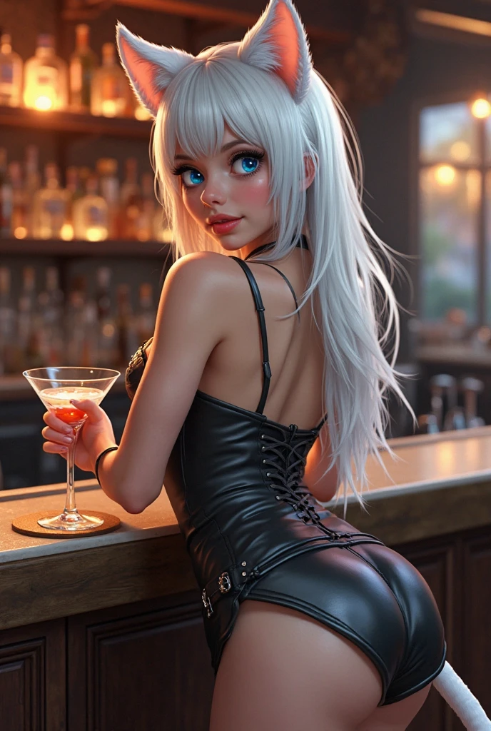 best quality, 4k,beauty, bunny girl, female spy, metal band style, cg, high angle, clear face, lying on black sofa, wine, alcohol, table,stone tiles,white, red, black, silver, dark blue, sassy, smile, strobe light, art on the wall, ((spot light on girl)), shiny clothes, ((dark room)),