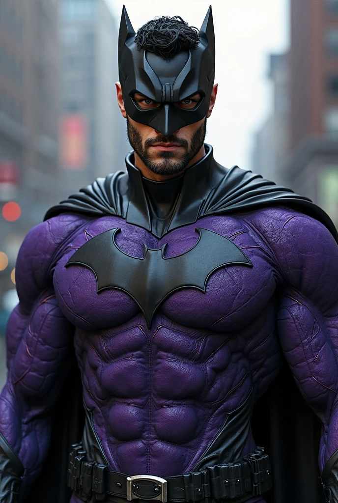 Batman wearing a simple cotton fabric, padded bodysuit with detailed stitching seams. Provide interesting but detailed seams. Black leather trunks over the bodysuit. Short purple gloves. No gauntlets and do no include fins on gloves. Take inspiration from football uniforms from the 1930s. Athletic build but not overly muscular. Photo realistic. Round gold belt buckle.
