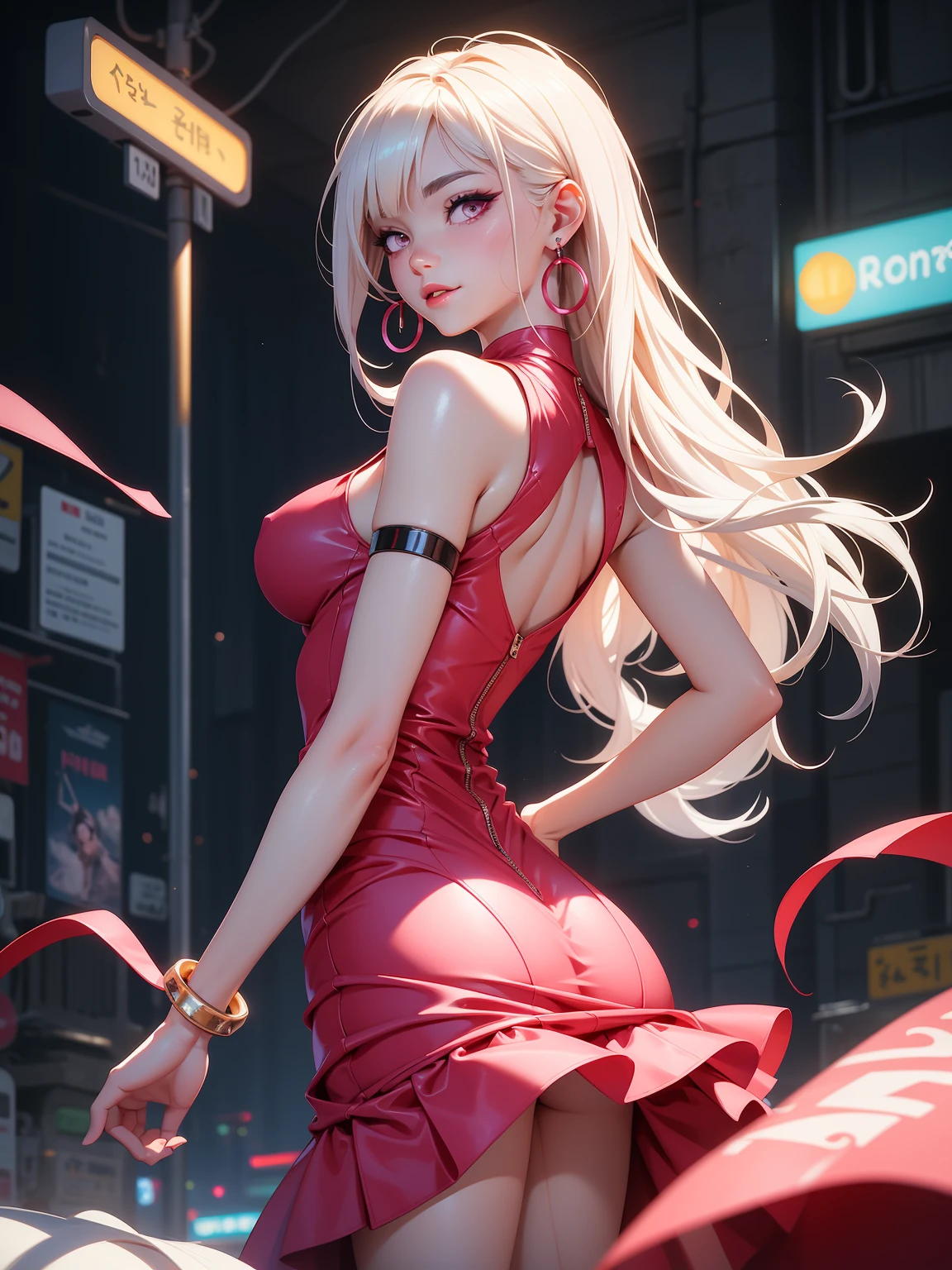 8K,Masterpiece,RAW photo,best qualityer,Photography is vivid,Meticulous Cg Unity 8K wallpaper,Depth of field,Cinematic light,Lens flare,Ray tracing,(Extremely beautiful face,Beautiful lips,beautidful eyes),intricate detailed face,((Ultra-delicate skin))1girll,In the dark,deepshadow,Pretty Korean girl,Kpop idol,1 girl,(Very slim and slender body to take:1.3 ),((peeping at the viewer)),(Bigger:1.3),(Fashion night,Dark night,(neon lights sign),(Blurred background),Fashion Street Night),(There is no one in the background: 1.3), Beautiful earrings, bangle, choker necklace, Pantyhose, largeeyes, Walking, (pale-skinned), (Big eyes), Face forward, (Brown scalp), (Full body shot), ((real silk)Hot pink dress:1.3)),((Tight chest)),((Husband's skirt)),(view the viewer:1.3)Open the chest,Very slim,Chest chest,End,(backshots),Ass focus,Before the eyebrows,(Kyoto dress),Thick bearings