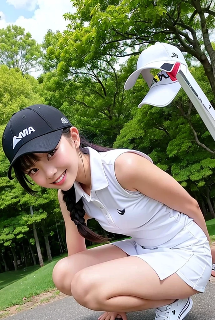 golfing girl, full swing, golf course in a resort area, beautiful detailed eyes, beautiful detailed lips, extremely detailed eyes and face, long eyelashes, (best quality, 4k, 8k, highres, masterpiece:1.2), ultra-detailed, (realistic, photorealistic, photo-realistic:1.37), vibrant colors, soft sunlight, lush green fairways, professional golfer, stylish golf outfit, confident expression, elegant posture, clear blue skies, palm trees in the background, golf cart, well-manicured greens, distant ocean view, golf clubs and bag, [subtle breeze], [slightly hilly terrain], [pristine sand traps], [two other golfers], [golf ball in mid-air], [sparkling water hazard], [well-maintained clubhouse], [spectacular sunset], [relaxing atmosphere], [peaceful surroundings], [well-organized tournament], [refreshing drinks], [positive energy]