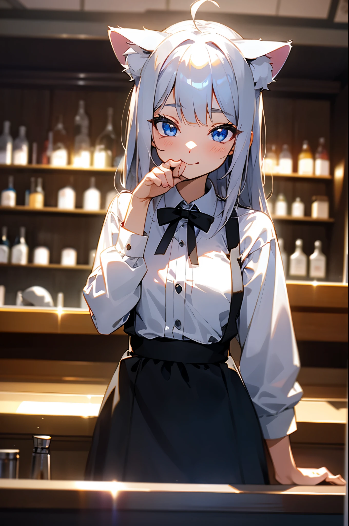 one woman、 Silver Hair、Sparkling blue eyes、Cat ears、Smile Yan、bar counter with title in center、standing in front of the counter、cowboy shot、(Captured with an 80mm portrait lens, F1.8, ISO100), RAW photo, cinematic lighting:1.3