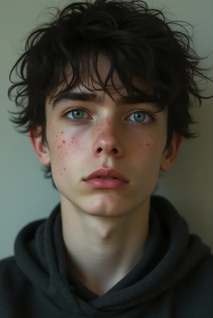 A white teenage boy with blue eyes, moles and black hair