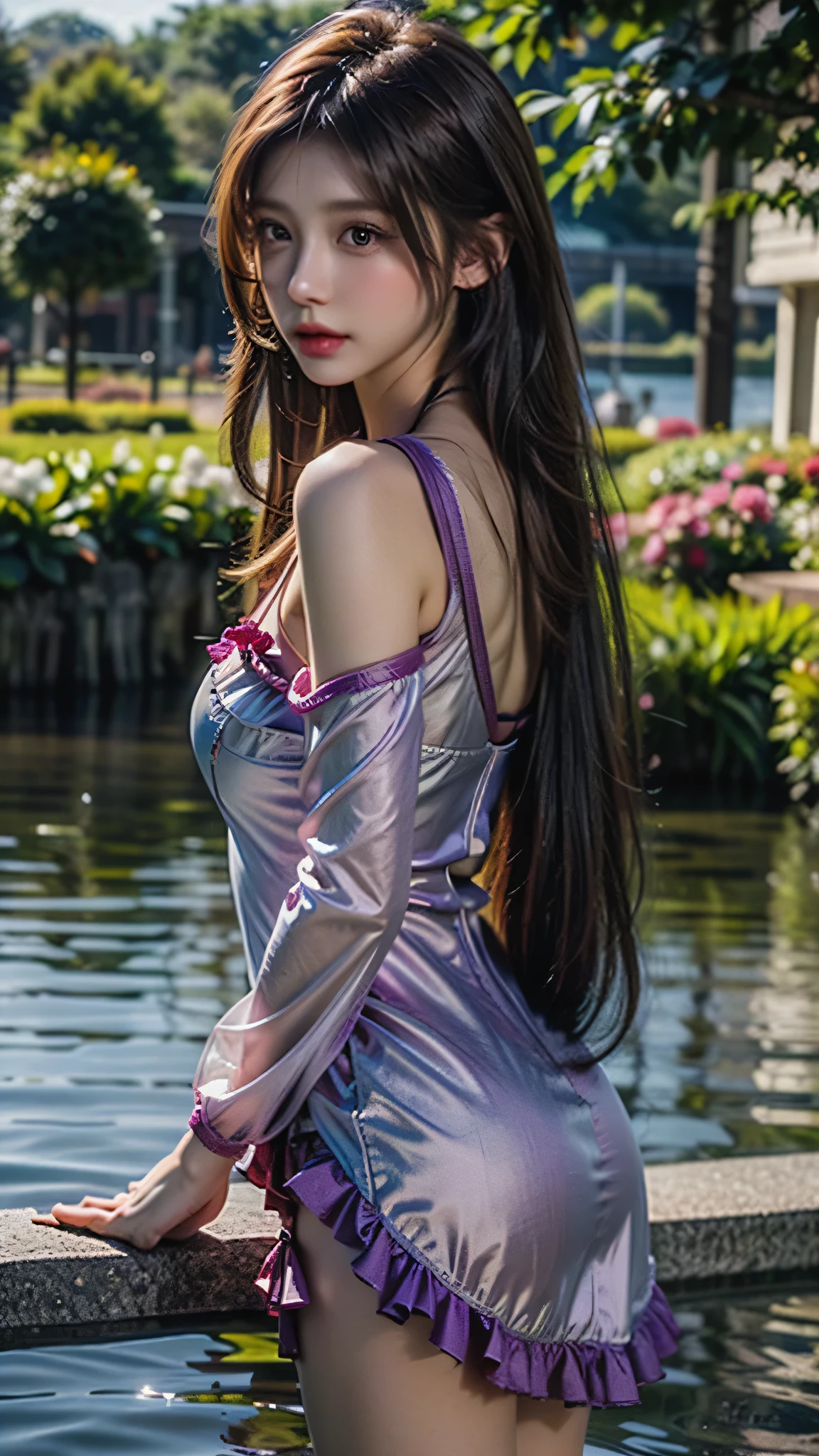 masterpiece, best quality, extremely detailed CG unity 8k wallpaper, Wearing a detailed, high-definition purple kimono。lips, Open_mouth, Realistic, photograph_\(Moderate\), alone, (masterpiece),(photographRealistic:1.3), Very detailed, (Skin with attention to detail:1.2),(Highest quality:1.0), (Ultra-high resolution:1.0), Beautiful long hair tied in a ponytail,  (Beautiful and detailed makeup), (Sexually excited、Blushing、breathing becomes rough:1.0), Looking back from a rear angle。The background is a bamboo forest with many strips of paper.。