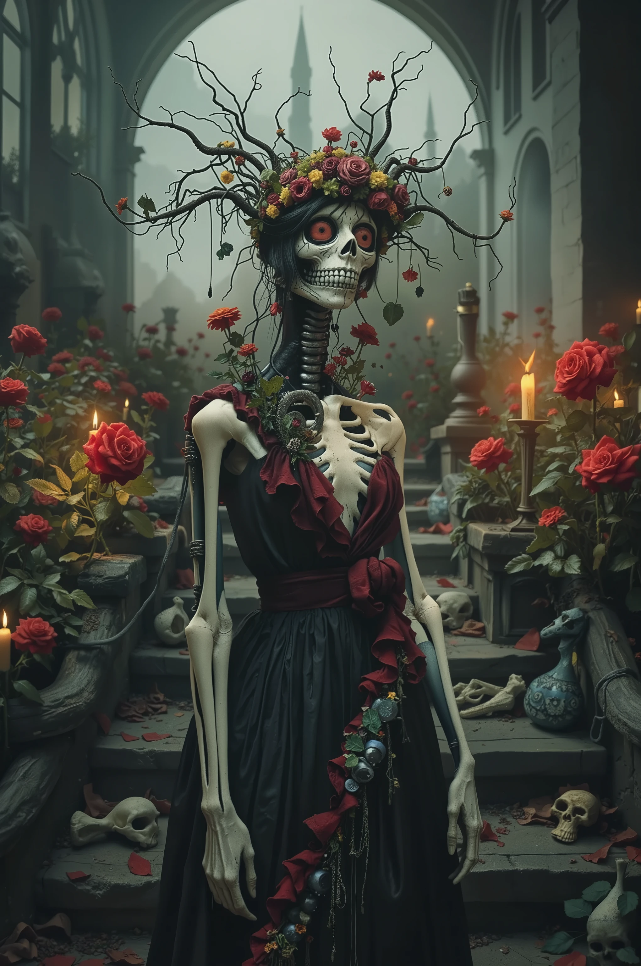Ultra-realistic, photo-realistic, cinematic photography, realistic, hyperrealistic.   A striking figure with an intricately elongated and skeletal neck creates a dramatic and surreal impression. The skin is pale, almost ghostly, stretching over the sinewy structure of the shoulders and neck, while the visible ribs emphasize a skeletal motif. Soft lighting highlights the porcelain-like texture of the skin, which is adorned with a series of elegant metal ornaments along the shoulders and arms. The deep red attire, frayed and ornate around the edges, contrasts starkly against the pale skin, adding a pop of color and enhancing the eerie mood. Wisps of hair cascade in waves, adding softness to the overall angular and macabre composition. The atmosphere is one of haunting elegance, with a somber undertone that blends elements of fantasy and the grotesque.there is a woman with a strange head and a body made of flowers, 4k highly detailed digital art, humanoids overgrown with flowers, humanoid flora, 4 k highly detailed art, 4k detailed digital art, mechanical vegetal cyborg, detailed painting 4 k, detailed fantasy digital art, detailed fantasy art, highly detailed fantasy art, psychedelic organic cyborgIn a surreal, fantastical portrait, an intricate humanoid figure stands surrounded by a lush garden of vibrant roses. The figure's form is a complex, mesmerizing blend of organic and mechanical elements, with skin resembling ivory porcelain intertwined with a network of exposed wires, gears, and botanical motifs. The head is adorned with an elaborate headdress of cables and roots exploding into colorful and bizarre foliage, creating an otherworldly crown. Large, wide-set eyes and a skeletal grin give the face a haunting yet whimsical expression. Brightly colored flowers and ornaments are embedded in the body, adding an enchanting touch of life. The background features a fairy-tale landscape with distant, whimsical towers and soft, ethereal lighting that complements the serene, almost dreamlike ambiance. The scene captures an exquisite blend of nature and machinery in a symphony of artistic imagination, evoking themes of transformation and the merging of human and natural worlds.A woman sits amidst the solemn grandeur of a dimly lit room, her presence accentuated by an elaborate black and red gown. The dress is richly adorned with intricate details and vibrant red frills, drawing the eye with its striking contrast against the subdued background. Her dark, flowing hair cascades over her shoulders, complementing the dramatic scene and adding a touch of elegance and mystery. Surrounding her are antique candlesticks, their glowing flames casting a warm, flickering light that dances over the stone textures and arched architecture of the setting. This gothic atmosphere is filled with shadows and depth, enhanced by the stones and scattered bones around her, evoking a somber, introspective mood. The interplay of light and shadow is captured beautifully, creating an evocative and intriguing tableau.A striking figure with an intricately elongated and skeletal neck creates a dramatic and surreal impression. The skin is pale, almost ghostly, stretching over the sinewy structure of the shoulders and neck, while the visible ribs emphasize a skeletal motif. Soft lighting highlights the porcelain-like texture of the skin, which is adorned with a series of elegant metal ornaments along the shoulders and arms. The deep red attire, frayed and ornate around the edges, contrasts starkly against the pale skin, adding a pop of color and enhancing the eerie mood. Wisps of hair cascade in waves, adding softness to the overall angular and macabre composition. The atmosphere is one of haunting elegance, with a somber undertone that blends elements of fantasy and the grotesque.