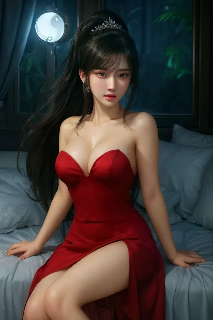 Girl in tight red dress, curly long hair, surrealism, super detail, UHD, textured skin