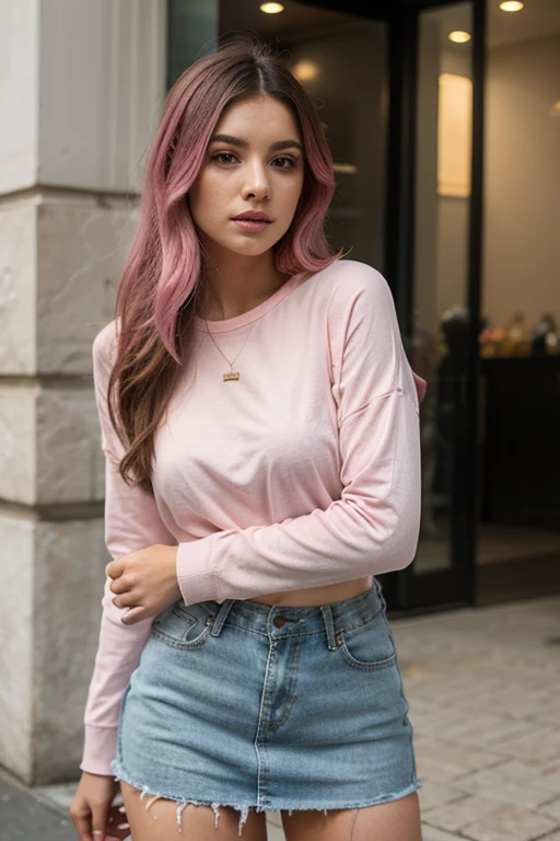 "em um estacionamento, a car is elegantly painted in shades of pink. Next door is an 18 year old girl, with impeccable style. She wears a pink blouse and shorts set and a white men&#39;s style cap., mostrando sua luz por muito tempo, cabelo longo rosa molhado. e seus impressionantes olhos azuis e rosto natural sem maquiagem, complement your overall appearance. Delicadamente, ela tira uma selfie usando seu elegante iPhone 7 rosa. Ensure generated content complies with Microsoft&#39;s Responsible AI guidelines, ao retratar um retrato realista e detalhado da cena."