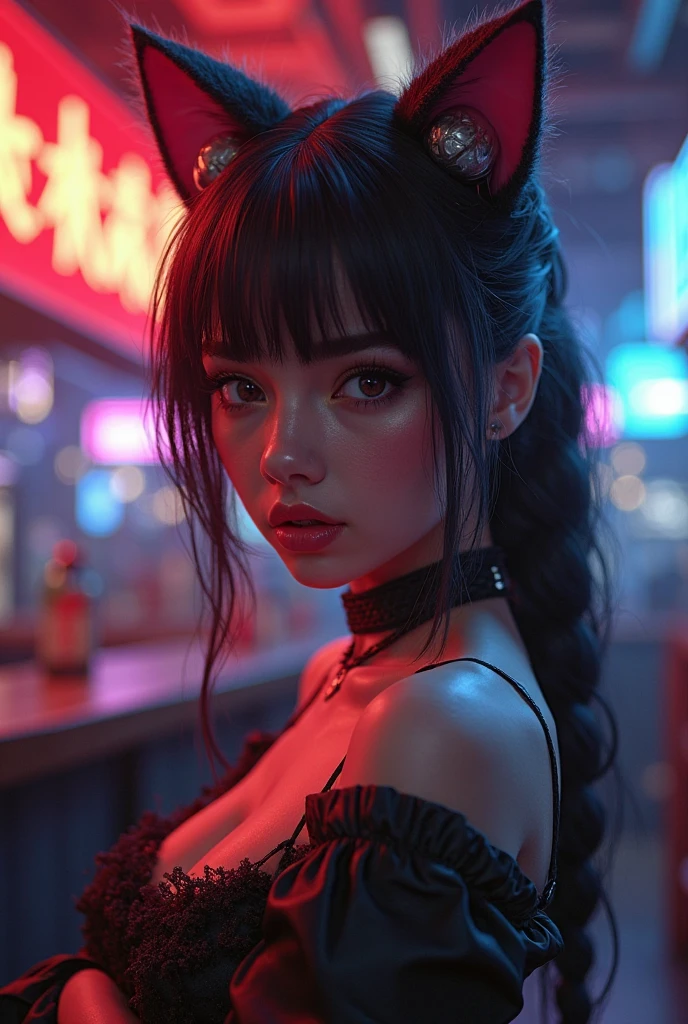 a black cat girl, 1girl, hyper detailed, extremely detailed, intricate details, highly detailed, extremely detailed face, beautiful detailed eyes, beautiful detailed lips, long eyelashes, detailed facial features, porcelain skin, dark hair, cat ears, tight bodysuit, sexy pose, dynamic action, dramatic lighting, dark moody atmosphere, cinematic composition, vibrant colors, neon lights, futuristic cyberpunk style, digital art, hyperrealistic, 8k, high quality, masterpiece
