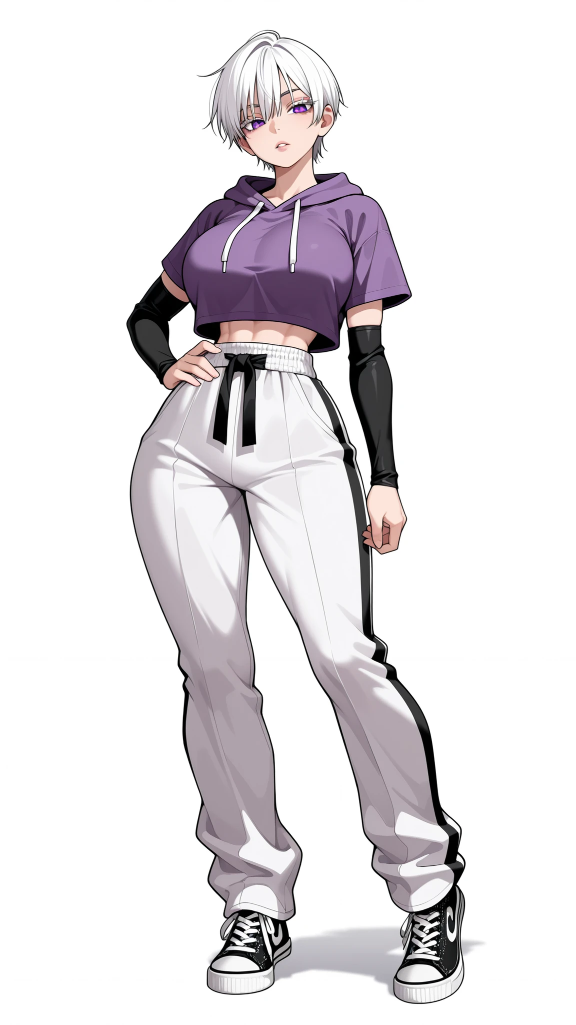 1 girl, tomboy, beautiful face, short hair, straight hair, white hair, purple eyes, reddish lips, cold eyes, bright skin, white eyelashes, sexy body, fit body, slim waist, big hips, hourglass figure, very large breast, purple cropped hoodie short sleeves, black arm sleeves, karate  pants, black high top shoes, vans shoes, full body, hand on waist, plain white background 
