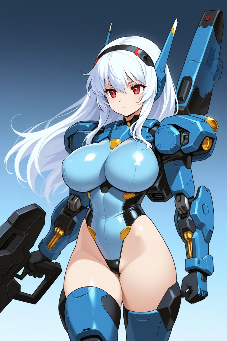 beautiful detailed female japanese, wearing Mecha Pilot Suit - High-tech jumpsuit with various utility belts and a helmet, white hair, slender, large breast, massive cleavage exposed, huge buttock, giant mecha background