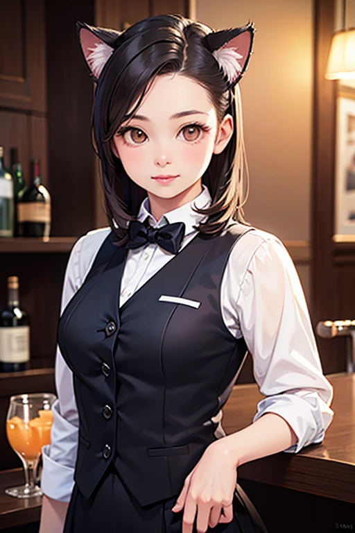 Highest quality High resolution simplification French Restaurant Sommelier cute girl Holding a wine bottle in one hand Hold a cloth in one hand Black tailcoat suit A bow tie
