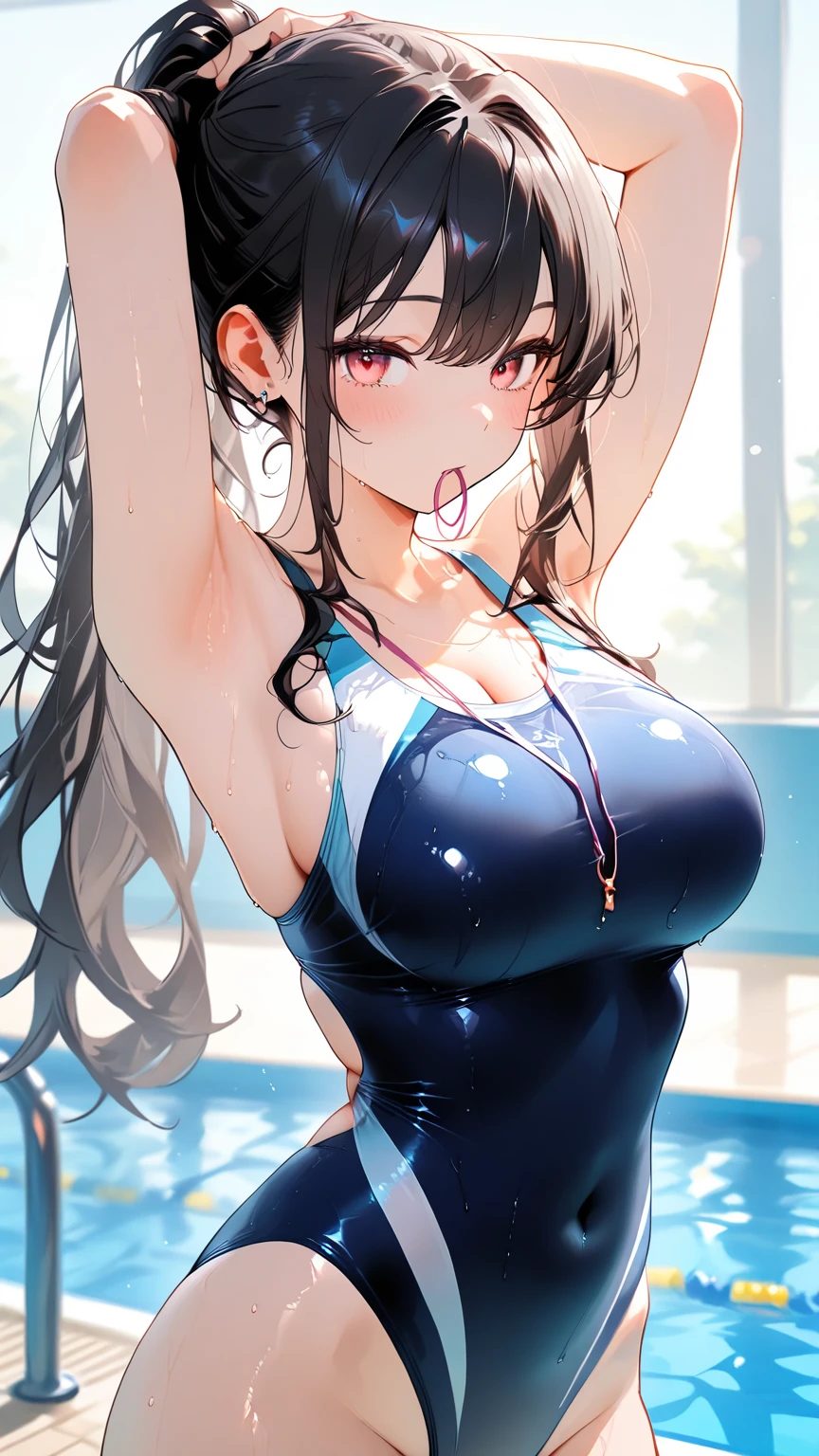 {{{masterpiece}}}, {{{best quality}}}, {{ultra-detailed}}, {illustration}, {{an extremely delicate and beautiful}}, (beautiful detailed eyes:1.6), extremely detailed face, 8k, aichan(Tawawa on Monday), cute face, blue eyes, brown hair, short hair, side braid, braid, hair ornament, hairclip, large breasts, thin waist, big hips, curvaceous, thighs, BREAK,(gris swimsuit:1.2), panties on, Midriff, Navel, thighs thighs thighs thighs, Super shiny hair and skin, , (Sweaty body, Dynamism), A lively smile, Open mouth, Perfect eyes, Perfect hands, Perfect nose, arena,