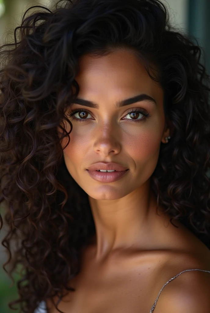OnlyFans model with black, curly hair that falls gracefully, a slender figure, fair skin, and almond-shaped eyes that reflect her Latina heritage. Capture her natural beauty and confidence in an attractive and elegant pose, with lighting that highlights her distinctive features.