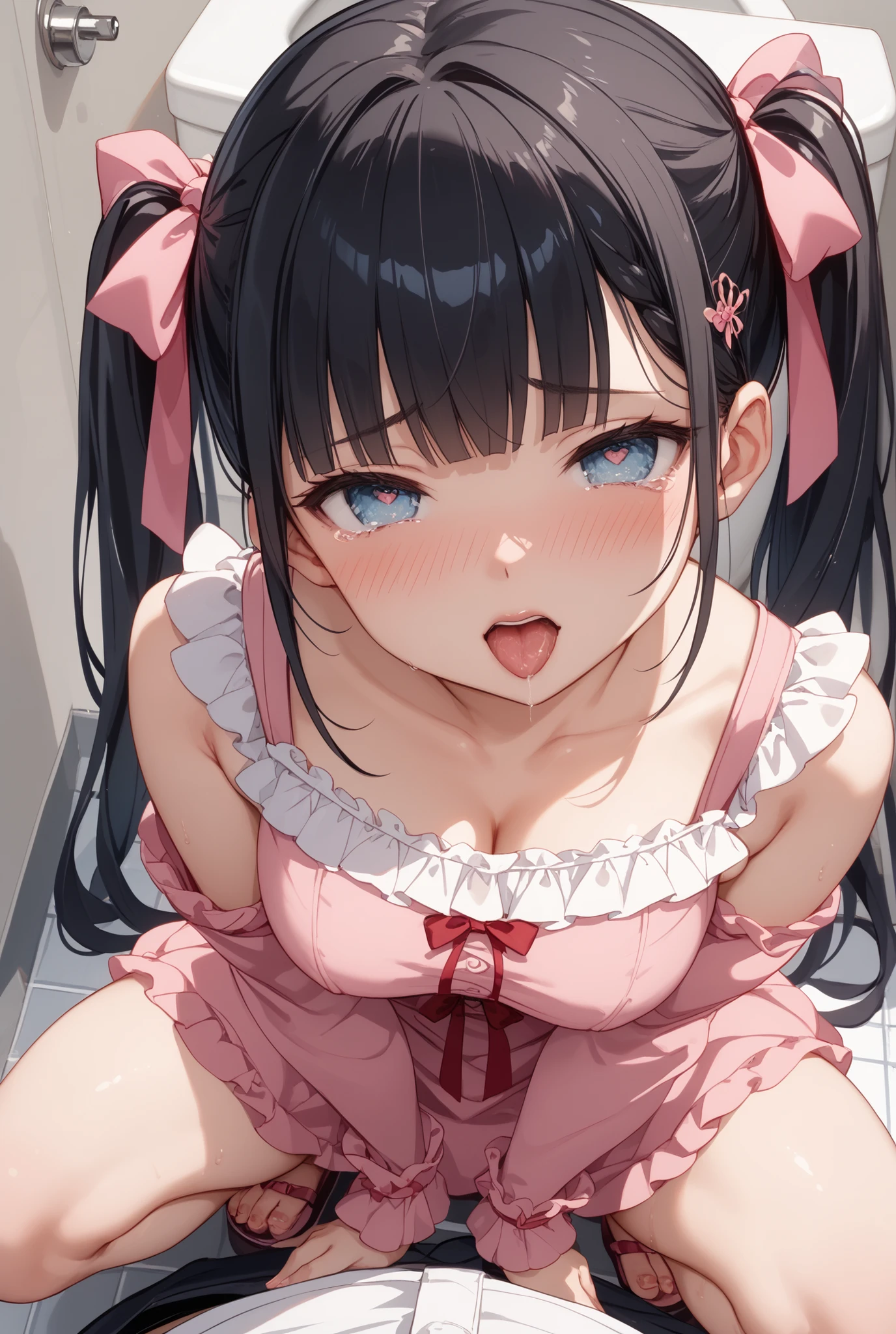 Hands Behind Back,Tied with hands behind back,from front,front view,looking at viewer, looking ahead,from above,cowboy shot,1girl,Beautiful 11 year old girl,Japanese,Slender,,low length,Small breasts,Thin legs,Small Ass,Baby Face,Small face,Black Hair,Row Twin Tails,Short Twin Tails,Gray Eyes,puffy eyes,middle School girls,Sheer black and pink negligee,Sexy Lingerie,open mouth,tongue out,front face,Kneeling,Straight Stand,Beautiful and detailed anime art,Anxious expression,Sexy vibe,cum on tongue,Dimly lit room,On the bed,Simple Background,Gray background,Low lighting,