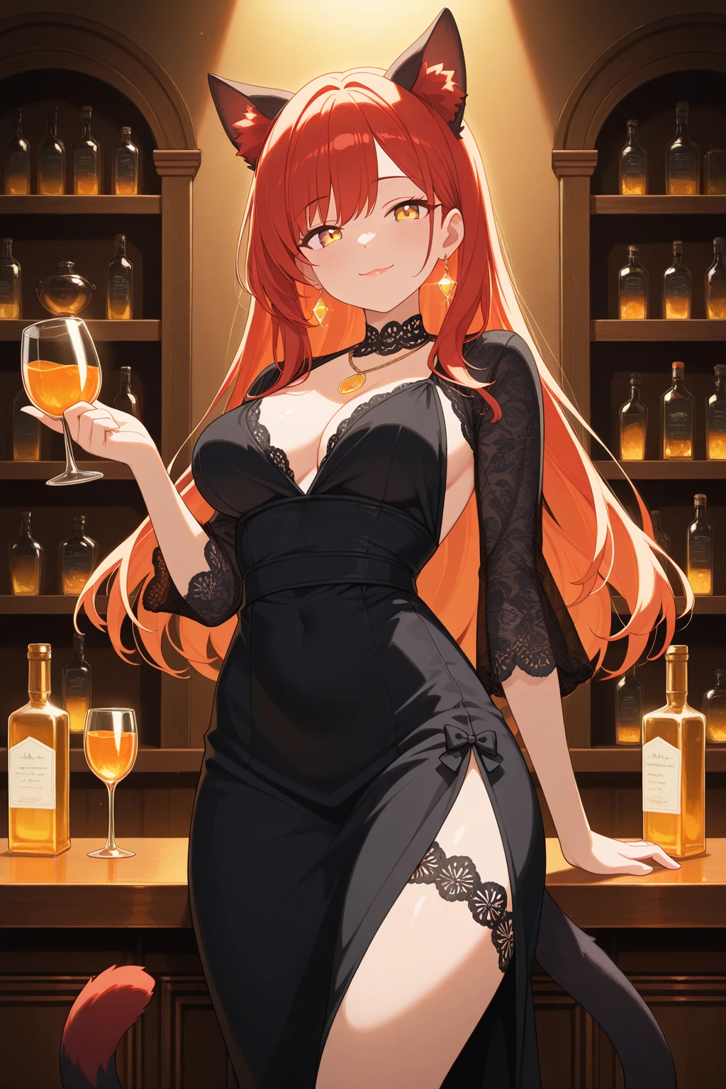 art noveau, masterpiece 1.3, golden ratio, firefox, fox ears, fox tail, bare skin, goth, anime, female, blonde hair, heterochromia, fishnet, long black dress