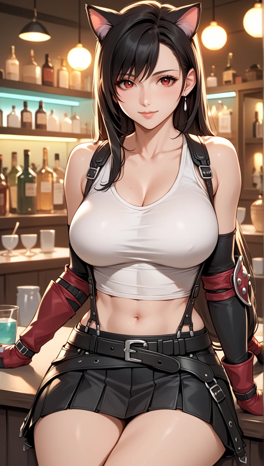 best quality, ultra-detailed, high resolution, extremely detailed CG, unity 8k wallpaper, super detailed skin, detailed, dynamic lighting, beautiful detailed eyes, tifa ff7, 1girl, solo, looking at viewer, blush, seductive smile, white tank top, black skirt, suspender skirt, midriff, black thighhighs, red gloves, bra, zettai ryouiki, head tilt, bar counter, showing panties, dynamic angle, dynamic pose, red eyes, smile, fighting stance,