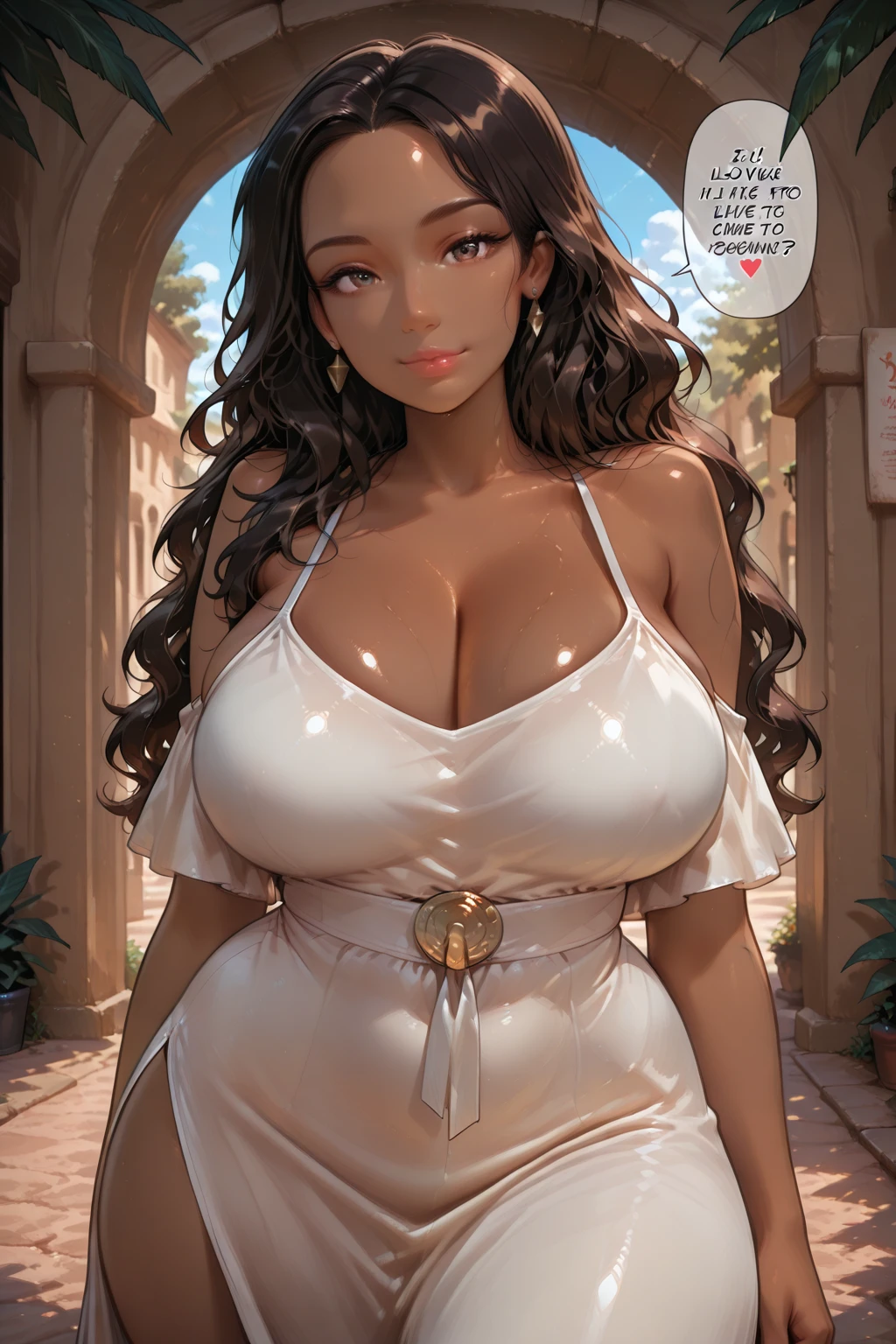 (absurdres, best high quality image, carefuly detailed features and textures, very detailed image, solo character alone, full character view): {{(1character: 43 years old human noble woman milf), ((african black skin), (blue eyes), (grey eyebrows), (beautiful features, absolute beauty), (pink lips), (grey long hair tied in a high ponytail), (voluptuous figure, big breasts, beautiful arms, beautiful legs)), ((pink girly dress, white long poots)), (walking relaxed, sweet demeanor, shy expression, sweetness smile), (warm egyptian modern city)}}
