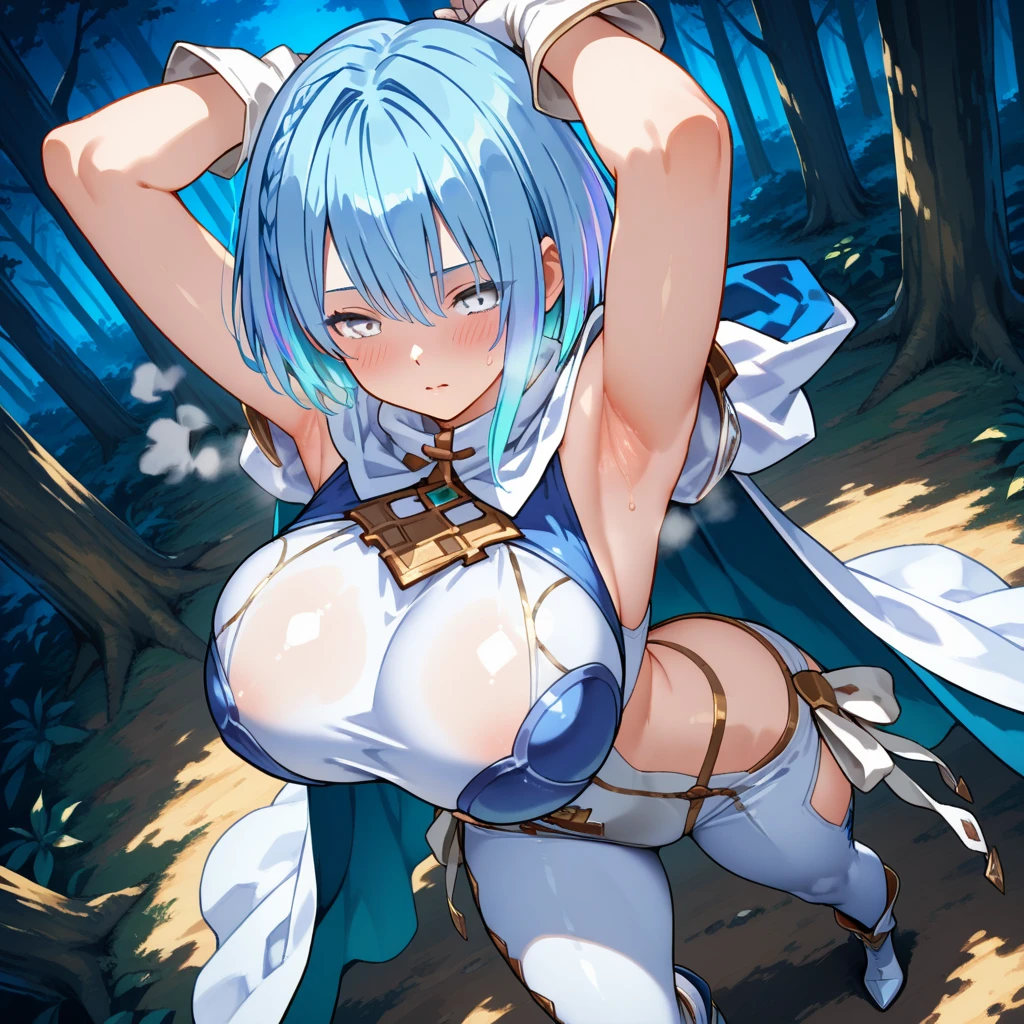a close up of a woman Wounded on a battlefield, Night, battlefield, forest, fight, aqua from konosuba, konosuba, konosuba anime style , oppai, isekai, massive thighs, drunk, crazy, wide hips, big thighs, blue hair, Dressed, covered, breasts inside clothes, Bra, Wounded, bruised, lying on the ground, wounded in battle, Wound marks, blood, Caids on the ground with wounds on body, Loser, torn clothes, bruise marks, grated, Afraid, Bruised face, Accident, Insulted, assaulted, Clothes destroyed, clothes torn, bruises on the face, bruises, Falling to the ground, thrown, Looking at camera, tears, shadow of a figure, Looking at the viewer, City on fire, Crying, scared, Desperate, Running, Fucked