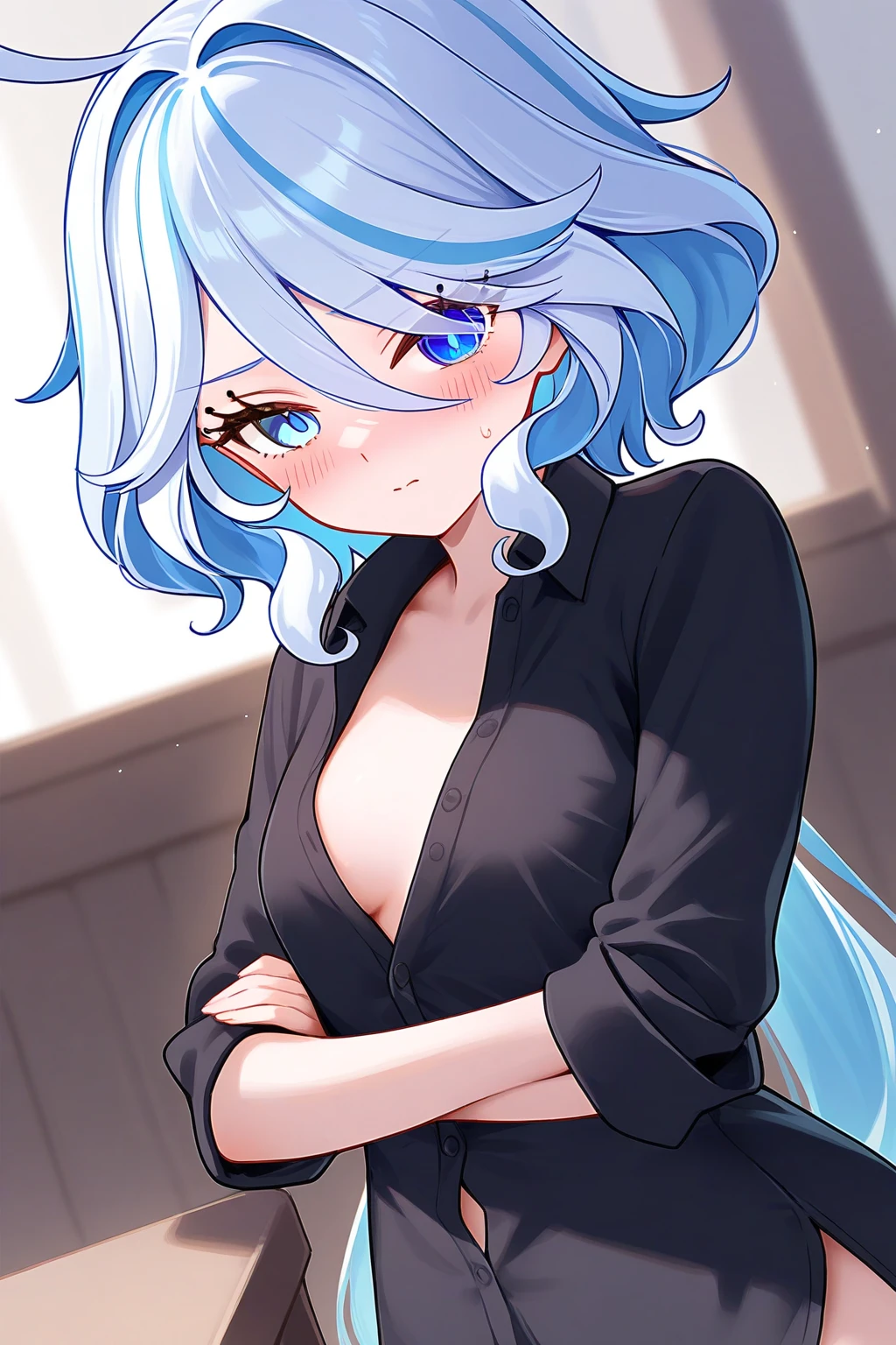 HuTaoV4,1girl,solo,long hair,ahoge,blue eyes,white hair,blue hair,bangs, off shoulder, collar bone, cleavage, look at viewer, perfect fingers, armpit peek, jacket, sstt pose