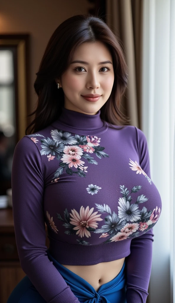 big breasts，outdoor，Highly detailed 8k wallpaper), 8k,best quality, masterpiece, ultra high resolution,(lifelike:1.4), original photo, sharp focus, detailed, dramatic, Exquisite and beautiful woman, (tall and straight:1.1), (No), (droopy giant:1.1), (Fat Evil Goddesetallic high-leg racing turtleneck knit dress:1.0),(Dark purple and black lines,turtleneck knitted bodycon skirt),(thin fabricmetalall-in-onerace ), Half butterfly earrings, Double ring necklace, (defiance:1.05), (65 years old, : 1.4), cosmetic, (lipstick: 1.1), (Eyeliner: 1.2), mascara, eye shadow, curls, dynamic angle, (red lips)nice graphics, current employer，spectacular view, wide windows, show your whole body, standing beside window,
