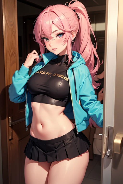 Masterpiece,best quality,high resolution,30 year old woman,pink hair,long hair,beautiful face,blue eyes,bright eyes,cat ears,perfect body,athletic body,milf,bodybuilder pose, small breasts, thick thighs,big ass,round buttocks,bodybuilder,jacket on top,bra, leggings,standing,expression of pleasure, inside the room