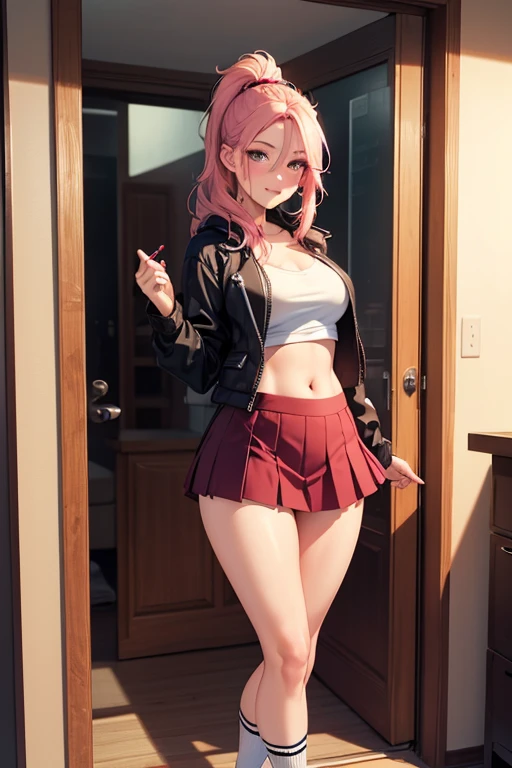 (Best Quality, 4K, 8K, hight resolution, masutepiece:1.2), Pink hair、bobhair、her breasts are beautiful and big。Climbing stairs。The inside of the skirt can be seen from the angle from below.。Sexy panties inside the skirt。peeking out from the ground。stylish shoes。Long legs and great style。Sit with your legs open。