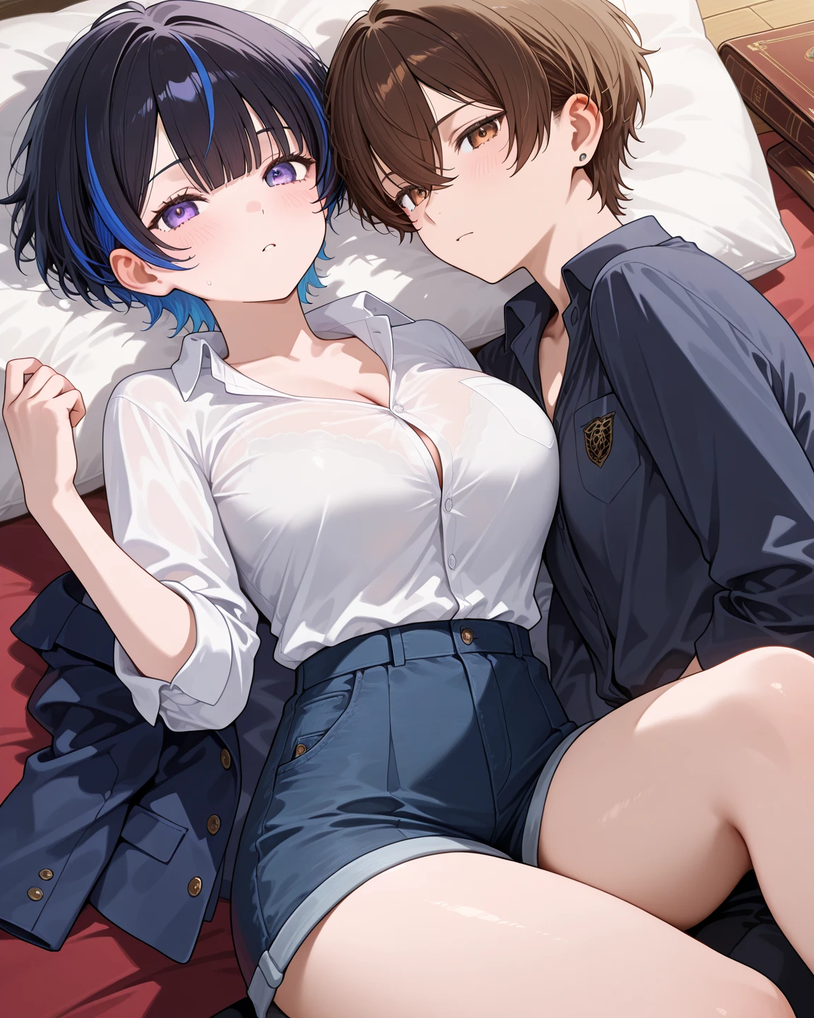 Male and female couples、((Girl in dark blue school swimsuit、Girl is wearing brown pantyhose))、Girl sitting on bed、Boys hugging each other from behind、Girl with ponytail hairstyle、((Naked Boy))、Luxurious bedroom、Luxury bed、(NSFW:1.5)