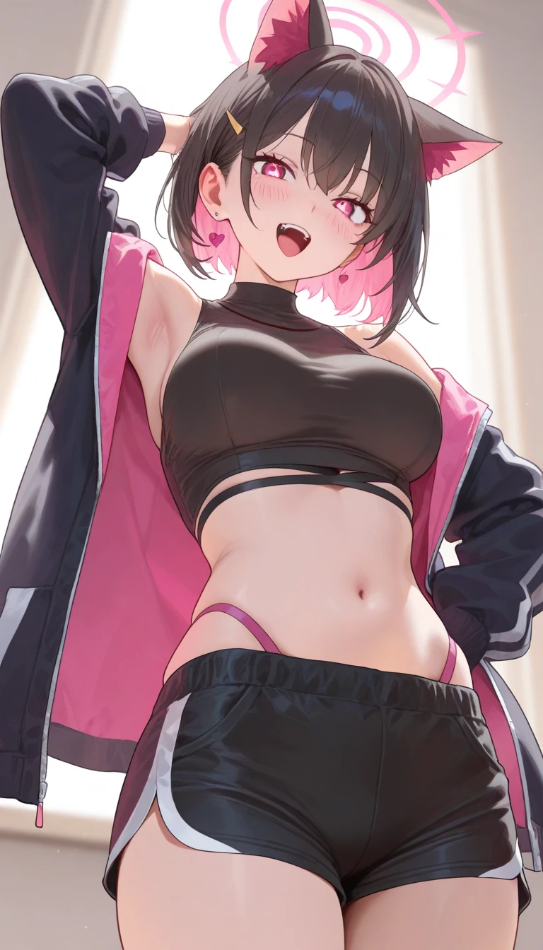 1 girl smiling, golden eyes, pink and black hair, short hair bob cut, big breasts, underboob, under boob, thick thighs, chubby, crop top, mini skirt, thigh stockings, glasses, choker, forest background