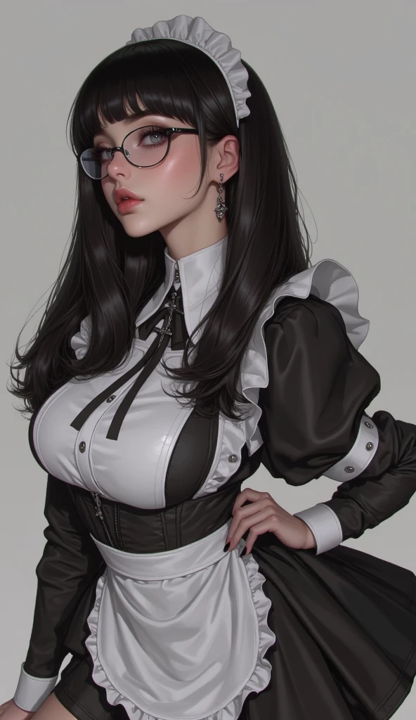fuzzy, traditional art, Liu2, brush texture, check_9, check_8_up, check_7_up, 1 girl, black hair, braids, straight hair, long hair, grey eyes, thin lips, Small, Long eyelashes, half-closed eyes, black-rimmed glasses, round glasses, black necklace, Blunt bangs, adult, black eyeliner, big breasts, ear piercing, black lips, grey eyeshadow, Looking at the viewer, BREAK solo, standing, adult, skinny, high leg, arched back, hip gap, BREAK (White background:1.2), simple background, dynamic pose, dynamic angle, Corner shot,