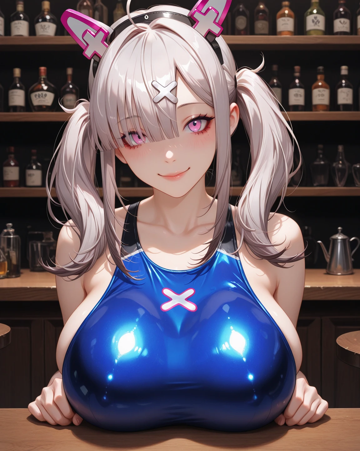 naked woman, (uszakihana:1), smirk, fangs, (gigantic breasts:1.1), looking up at viewer, (shortstack:1.1), (tattoo:1.5), (cute:1.2), (oil on body), (body glitter:1.4), (neon body paint:1.3), (dark room with neon lights, ultraviolet light:1.5), volumetric lighting, High definition, excellent resolution, excellent quality, insane detail, crisp face, facial features, extremely detailed, facial features <lora:short stack:0.5> <lora:uzakihana:1>