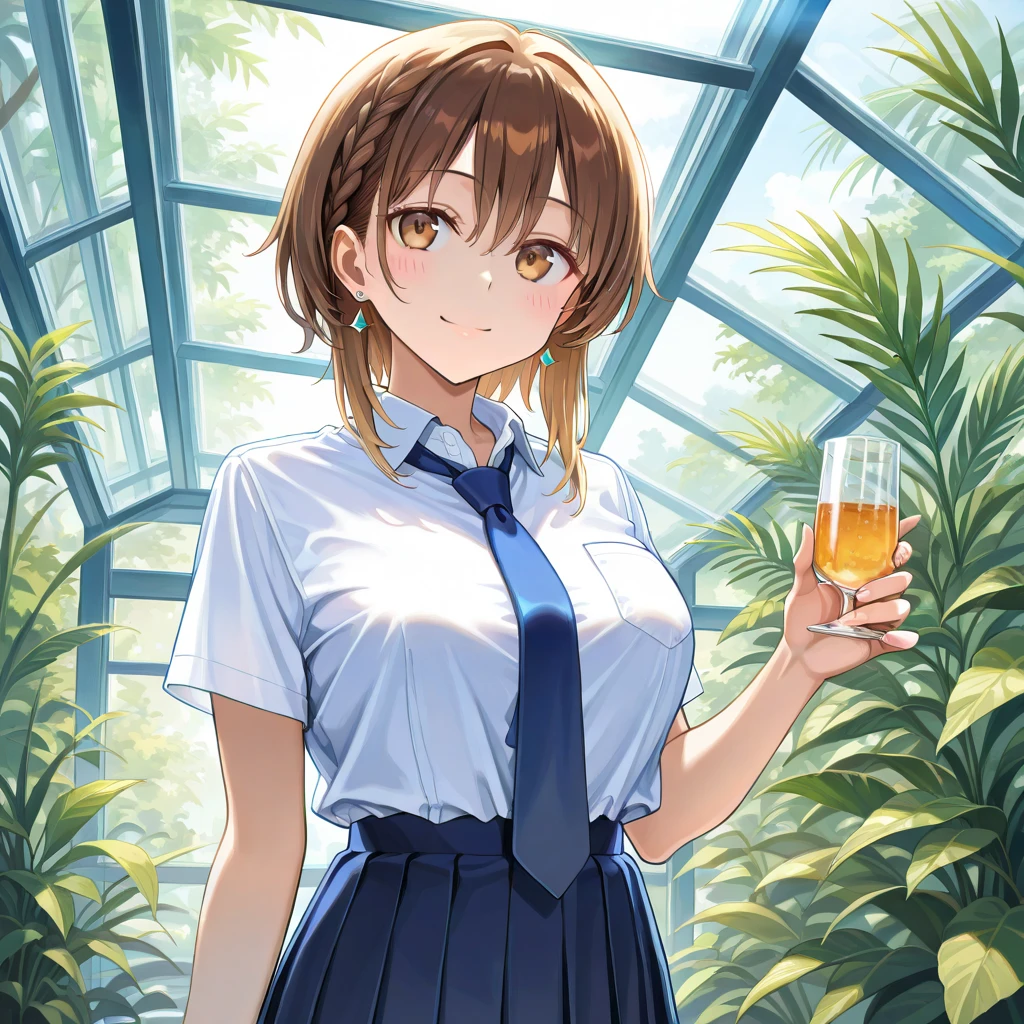 score_9,score_8_up,score_7_up,masterpiece,best quality, source anime, official art, super detailed, extreme detailed, rating_safe,
1girl, standing, holding small bottle, looking at viewer, from below, dutch angle,
BREAK girl, 22yo, short hair, bob cut, (blunt bangs), black hair, (tareme, detailed cute brown eyes), curled eyelashes, (large breasts:0.9), 
shiny hair, beautiful detailed eyes, beautiful face,
white collared shirt, black jacket, black tight mini skirt, 
expressionless, 
Greenhouse on the roof of a building, night, Rafflesia, (Strange plant:1.2), (swirling hatred:1.4),
