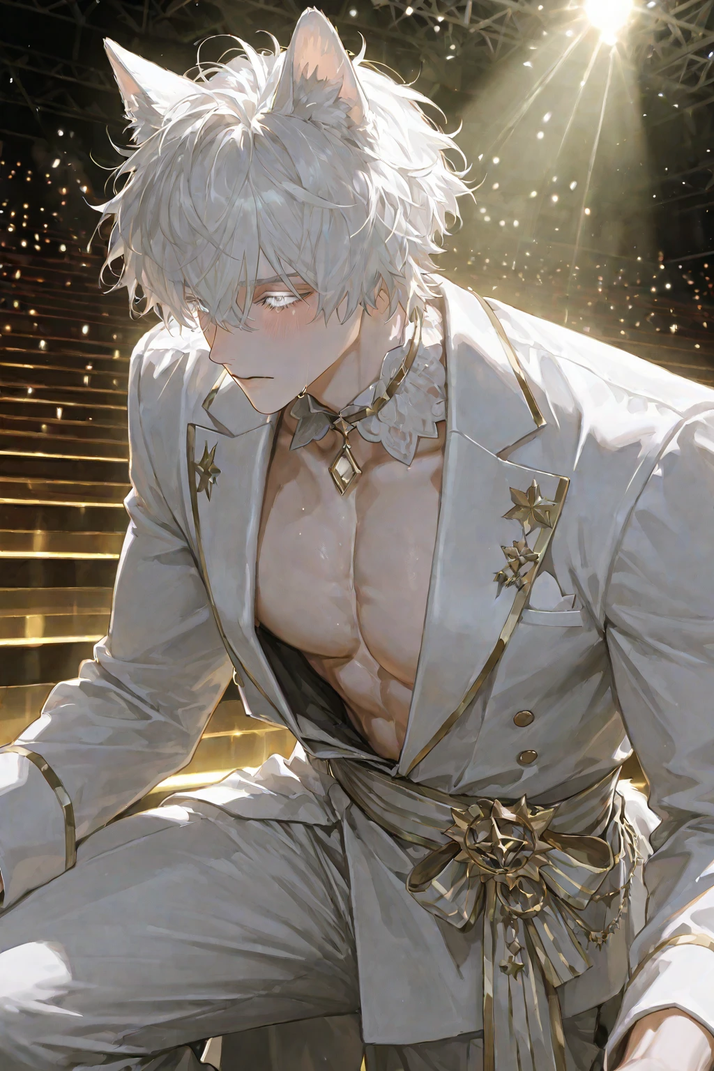 4K, high resolution, Best quality, Masterpiece, perfect colors, perfectly shaded, Perfect lighting, posted on e621, (by Chunie), anthro, ((Portrait)), （（Handsome man））, perfect male figure, short detailed hair，Wear men's shorts,Abusculature,chest muscle，Abs，Naked upper body，Detailed face, Perfect face, (The stands up), Detailed background, ((Bonifasko lighting)), (Detailed eyes), perfect pupils，（(Silver-gray skin）)