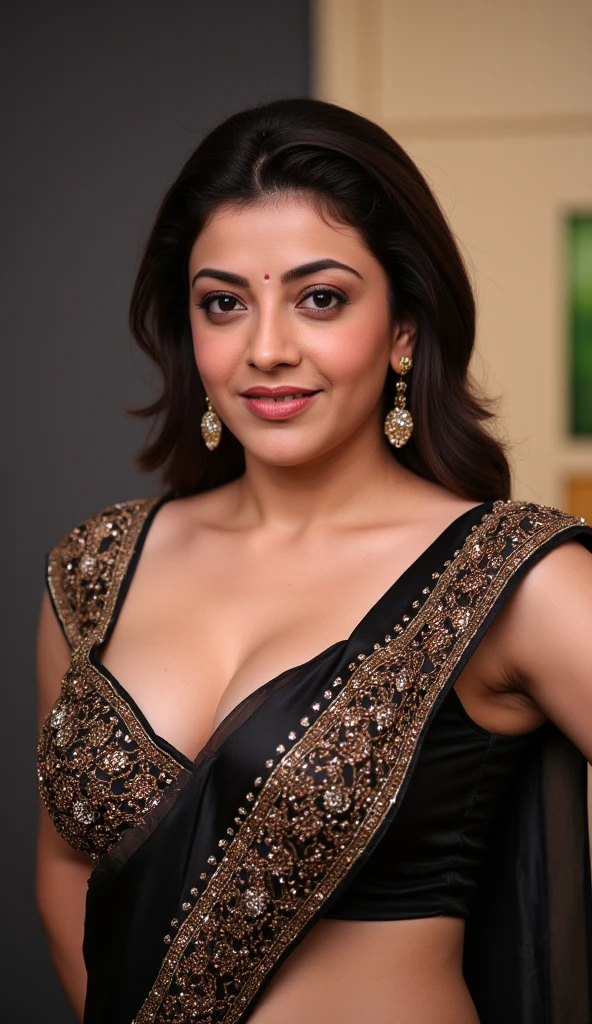 extreme close up photo of sexy kajal Agarwal, big cheeks, curvy, hourglass figure, swooping breasts, deep cleavage, open arms, sexy armpits, seducing in bedroom, ponytail, necklace,  see through  black saree, look at viewer and subtle smile, (cinematic:1.3), intricate details, (ArtStation:1.2)