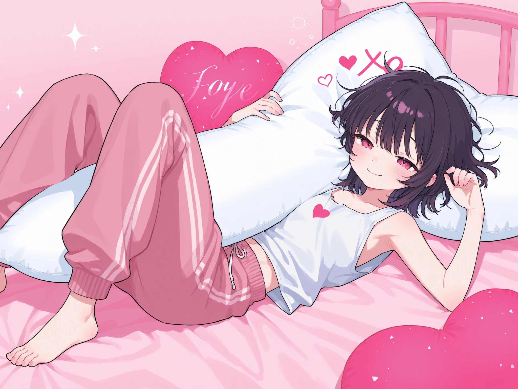 one girl。with dark hair shortcuts、eyes are pink and saggy、white sleeveless shirt with lots of open neck、Pink Sweatpants、Barefoot、cute pose、Sleepy Smile 、a pretty pink room、on the bed、Lying down holding a body pillow、heart effect、glitter、