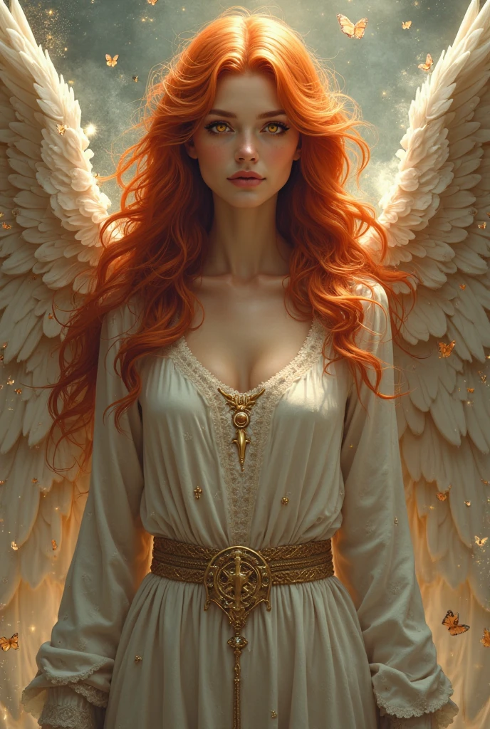 a picture of a female angel playing the pipe organ in church, a beautiful female angel, full body shot, ultra detailed face, ultra feminine, spread angelic wings,  red hair, wavy hair, dynamic eyes color, dynamic divine clothing, atmosphere of serenity, divine atmosphere playing pipe organ in church, catholic church background, fantasy art, RPG art, best details, best quality, 16K, [ultra detailed], masterpiece, best quality, (ultra detailed), full body, ultra wide shot, photorealistic