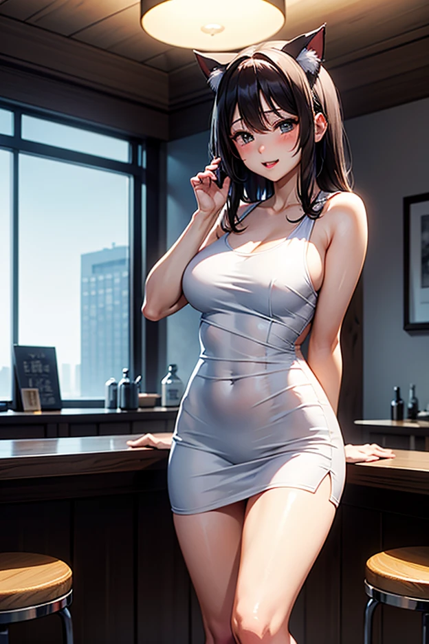 (Hyper-realistic), (a picture), (high resolution), (in 8K), (high detailed), (Best Illustration), (Beautiful detailed eyes), (Beautiful detailed face), (top-quality), (ultra-detailed), (masterpiece), (wall-paper), (extremely detailed face), (black hair), (1girl), (a detailed eye, thin cheeks, shinny skin, shiny lip, lighting on the face), Cameltoe, (large breasts), (skinny thigh), (slim waist), (slim thighs), (petite body), (smile), twin buns, (open mouth:1.0), full lips, (bottomless:1.2), (bare shoulders), (standing), (virgin killer sweater:1.2), (sleeveless), (sideboob), (gray color sweater), (in bed room), (standing),