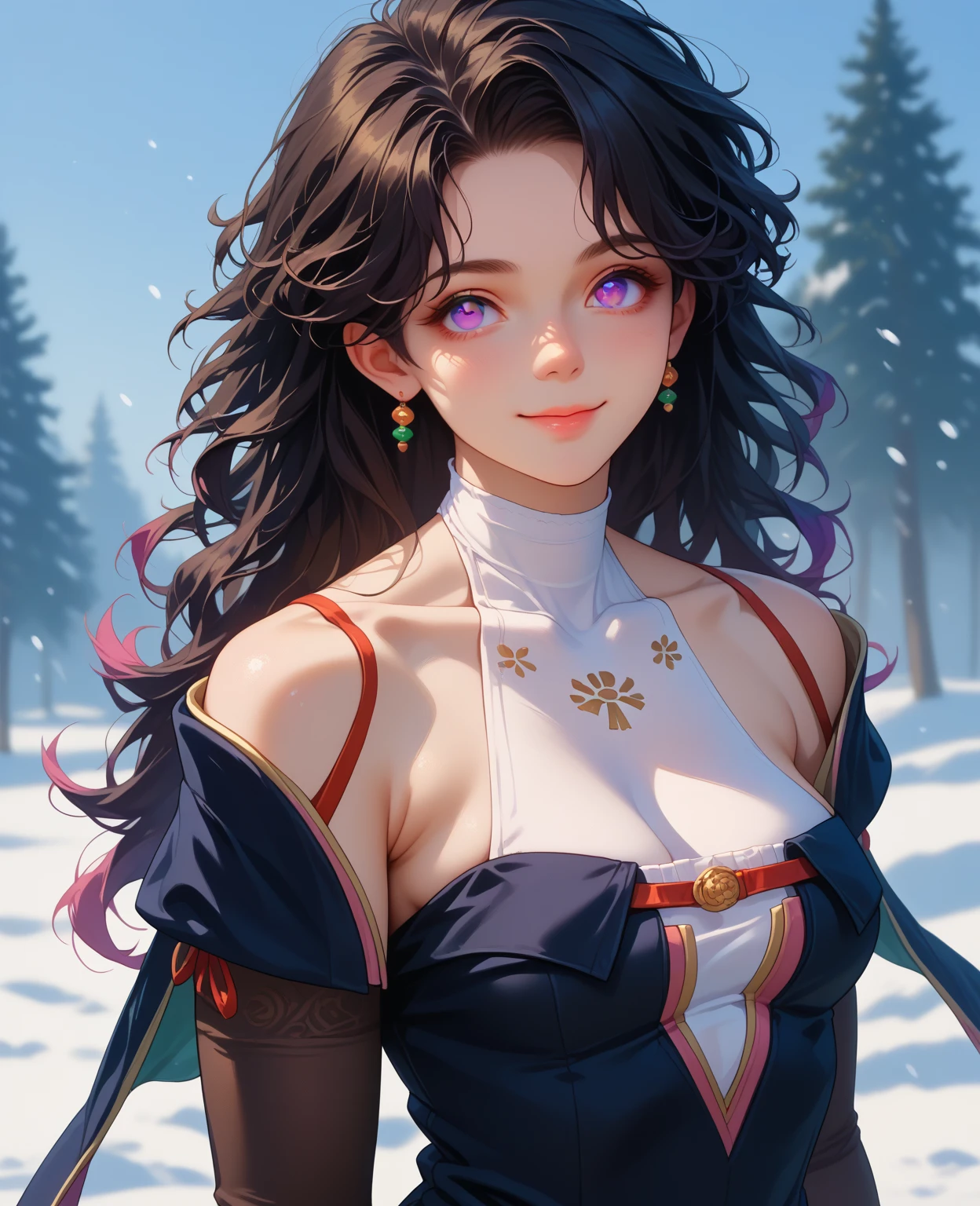 child, Haplogroup D1a1a1, High quality, Masterpiece, Portrait, 1girll, 11 Yeats old, Hmong,Large breasts,cleavage,Off-the-shoulder attire,snowfield,Forest,Snow,