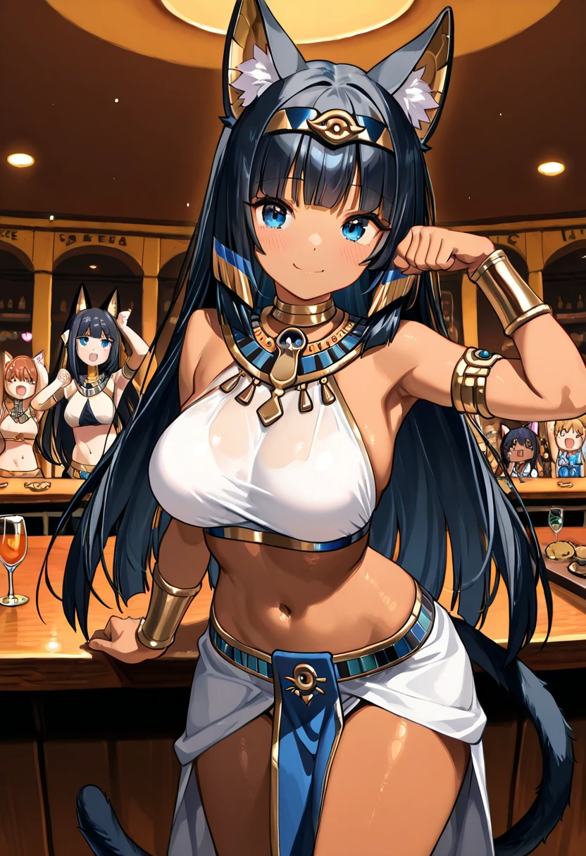 (kinako_(shiratama_mochi) style, eishin_flash_\umamusume\), ((topless)), horse ear, horse tail, nsfw, masterpiece, sarong, gold skirt, solo, 1 girl, erect nipples, nipples, navel, bare breasts, bare stomach, full body, indian hairddress, outdoors, palace, morocco, casa blanca, collarbones, slim waist, black hair, short hair, detailed eyes, beautiful eyes, blue eyes, necklace, gold bracelet, gold cutouts, jewelries, goddess, mouth veil, dancing, cowboy shot, party, blurred people on background, date palm trees, night, gold lights, moonlight, watching crowd, smiling, sweaty body, large nipples, wet body