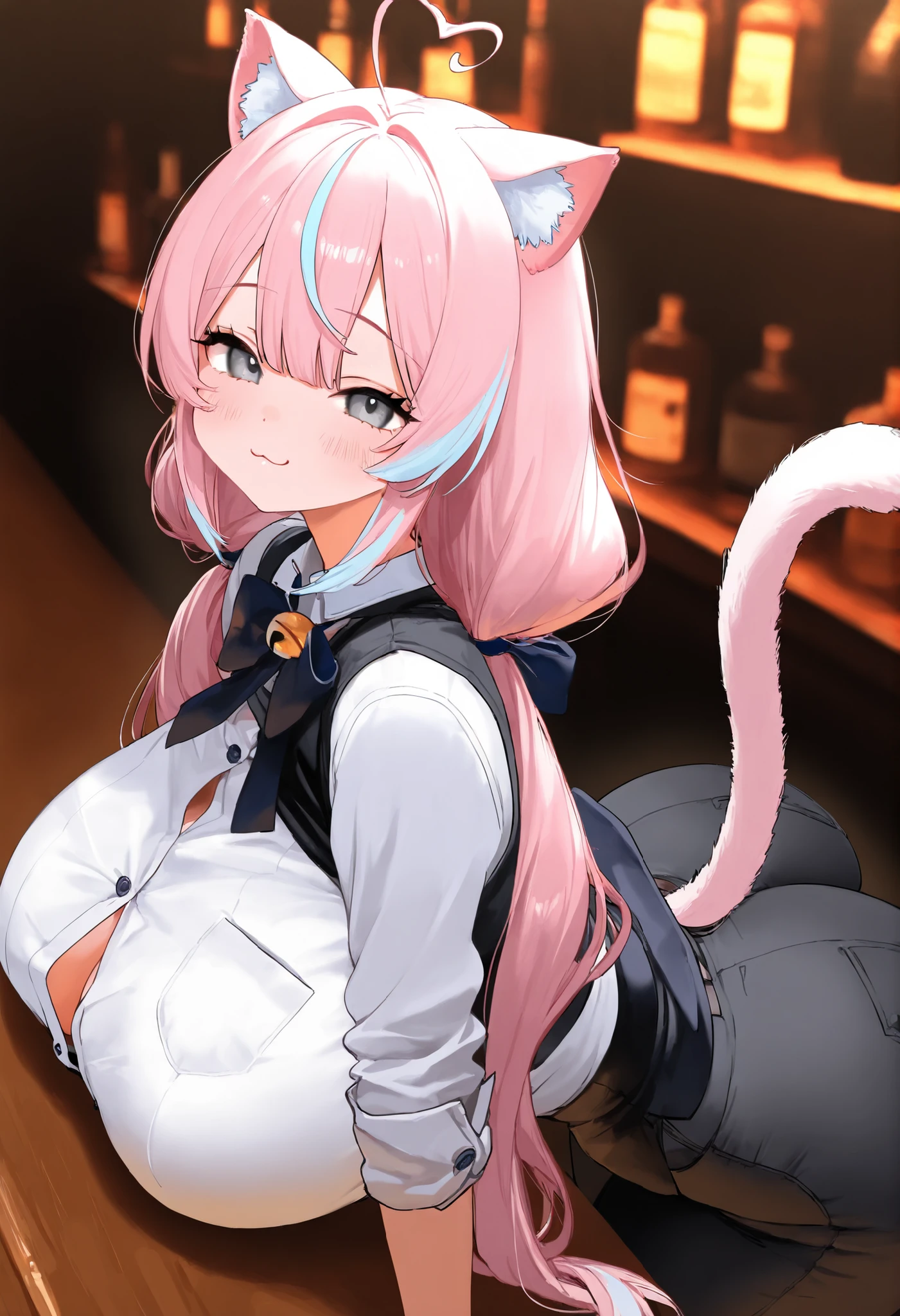 1girl,pink hair,light blue highlights, low twintails,m shaped bangs,long hair,heart ahoge,grey eyes,large breasts,slender,thin waist, big butt,cute face,cat ears,puffy cat tail,:3, white button up shirt,rolled up sleeves, black pants,black vest, bartender,