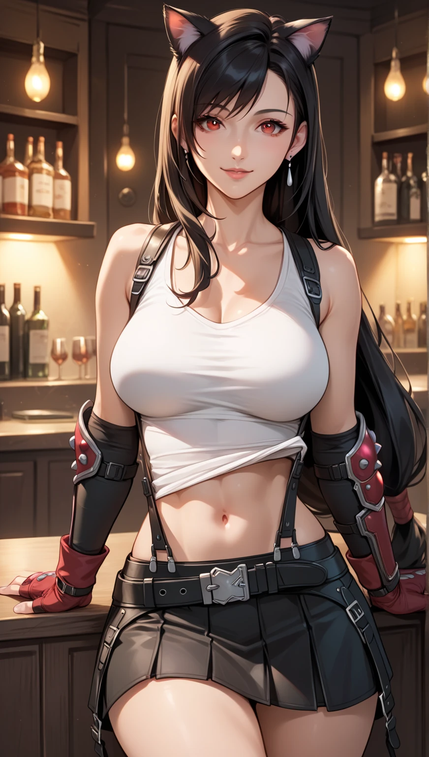 best quality, ultra-detailed, high resolution, extremely detailed CG, unity 8k wallpaper, super detailed skin, detailed, dynamic lighting, beautiful detailed eyes, defTifa, white crop top, elbow pad, fingerless gloves, suspenders, pleated skirt, red boots, bar counter,