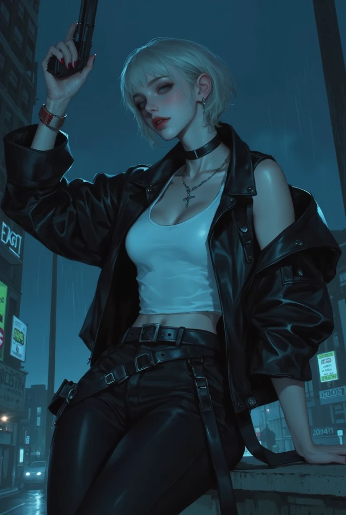 A stunning, anatomically correct, 4K-resolution masterpiece featuring a woman with pale skin and white hair standing against a blood-splattered door in a dimly lit, grungy room. She is wearing a black leather jacket, a revealing top, and dark pants, showcasing impeccable details. The woman is holding two guns, one in each hand, with her arms outstretched, exuding confidence and intensity. The lighting is dramatic, casting a greenish hue over the scene, with rain pouring down inside the room, adding to the eerie atmosphere. The background includes a large barrel and various intricate objects, contributing to the chaotic and intense setting, crafted with super detailing and award-winning quality.