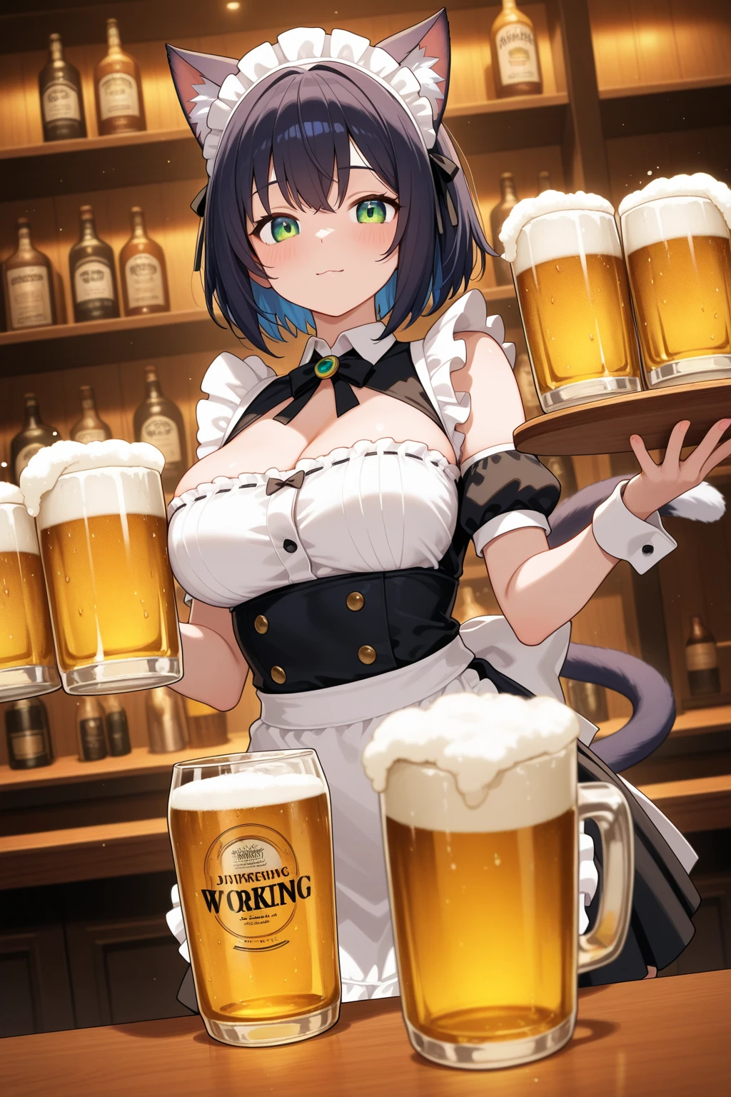 (outline:1.3), bloom, pov, (sparkles:1.3), pov, contrapposto,   ballerina, indoors, mature female, toned, (long hair:1.3),  (straight hair:1.3),  ADDCOMM (blue hair:1.3), (blunt bangs), purple eyes, (cat ears:1.3), long eyelashes, mascara, (maid headdress), nose blush, :d, (red_hairbow:1.3)   BREAK
(white:1.3) dirndl, traditional bavarian dress,  plunging neckline,  puffy short sleeves, form fitting, large breasts, cleavage, holding beer mugs  , <lora:TankTopSkinTight:0.5> , BREAK
(red:1.3)  ribbon-trimmed (tutu:1.35), black ([belt|sash]:1.4), <lora:TutuCustom-e15:0.5>, standing, bare legs,  (cat tail:1.2)