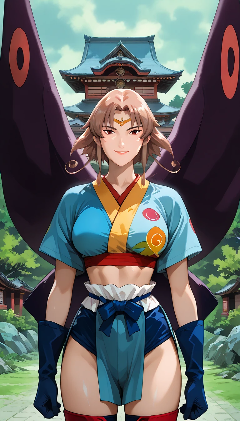 (1girl,k0ch0injuu), (extremely detailed CG unit 8k wallpaper),(master part), (best quality), (ultra detail), (best illustration),(ghibli_style), cowboy shot, standing, facing viewer, looking at viewer, perfect face, perfect eyes, perfect fingers, (Sharp eyeliner, ombre, detailed eyes:1), traditional media, ghibli landscapes, outdoors, japanese architecture , break , upper body, solo, smile, (blue crop top, midriff, blue gloves, thighhighs, purple wings, large breasts)